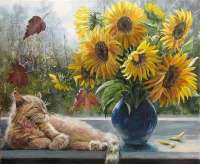 Без бренда «Подсолнухи в синей вазе возле кота» в Орле в интернет-магазине  Без бренда «Подсолнухи в синей вазе возле кота» в Орле