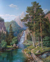 Сосновые леса у горного водопада