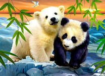 Белый мишка и панда на скале