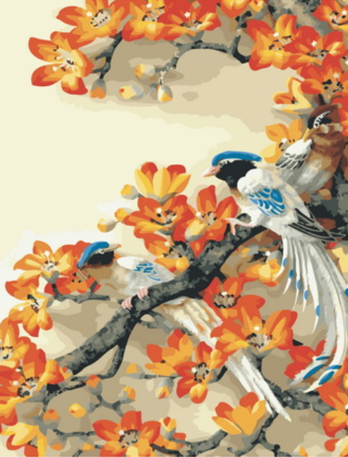 Картина по номерам 40x50 Красивые птицы на цветущей ветке