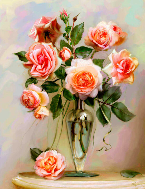 Алмазная мозаика 40x50 Изящная ваза с букетом роз
